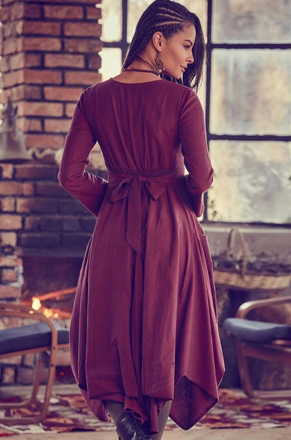 V Neck Boho Long Sleeve Asymmetric Dress With V Neck Boho Long Sleeve Asymmetric Dress With