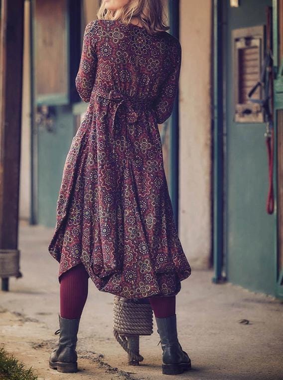 V Neck Boho Long Sleeve Asymmetric Dress With V Neck Boho Long Sleeve Asymmetric Dress With